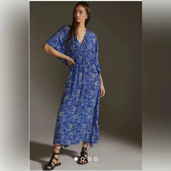 Rujuta Sheth V-Neck Kaftan One Size Blue Motif Beachy Boho - Picture 1 of 8